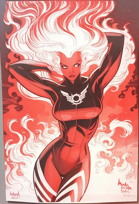 dskxadms, 1girl, solo, breasts, fire, fiery hair, medium breasts, red theme, bodysuit, phoenix symbol, monochrome, floating hair, long hair, traditional media, comic art style, specular highlights, side lighting, city view, outdoors, extreme light and shadow, cinematic lighting, cinematic angle, close up, arms behind head, natural lighting, score_9, score_8_up, score_7_up, score_6_up, score_5_up, score_4_up,