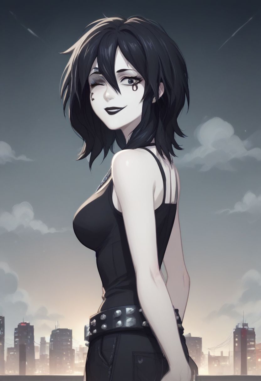 D_endless, anime screencap, from side, 1girl, black eyes, black hair, medium hair, hair between eyes, pale skin, white body, medium breasts, facial mark, ankh necklace, black top, bare shoulders, studded belt, black pants, looking at viewer, black lips, goth, overcast, clouds, smile, one eye closed, skyscraper, source_cartoon, score_9, score_8_up, score_7_up, score_6_up, score_5_up, score_4_up, ponypositive,
