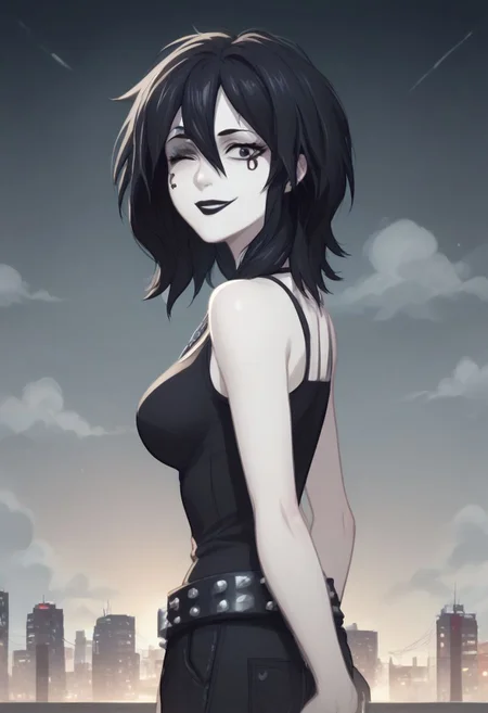 D_endless, anime screencap, from side, 1girl, black eyes, black hair, medium hair, hair between eyes, pale skin, white body, medium breasts, facial mark, ankh necklace, black top, bare shoulders, studded belt, black pants, looking at viewer, black lips, goth, overcast, clouds, smile, one eye closed, skyscraper, source_cartoon, score_9, score_8_up, score_7_up, score_6_up, score_5_up, score_4_up, ponypositive,