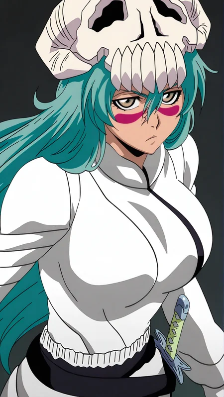 source_anime, masterpiece, best quality, amazing quality, anime screencap, high quality, 8k, absurdres, official style, 1girl, standing, looking at viewer, serious, simple background, upper body,<lora:Nelliel_iL:1>, n3ll13l, green hair, aqua hair, long hair, brown eyes, facial mark, arrancar outfit, white shirt, skirt, white pants, skirt, breasts, large breasts, gloves, skull, belt, sheath,