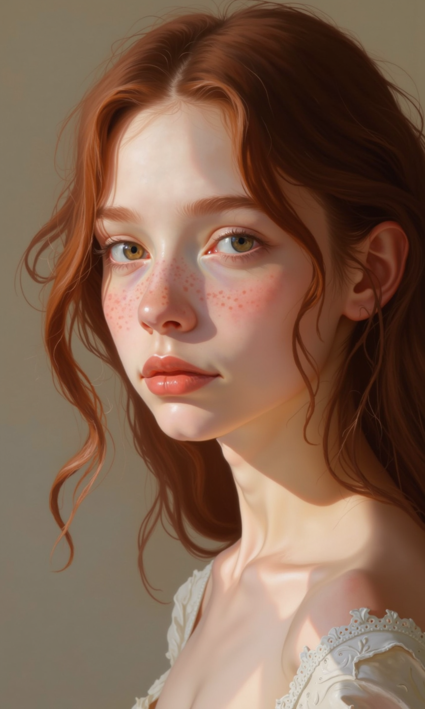 Close-up portrait of a young woman with long, wavy, reddish-brown hair. 
The woman's gaze is directed slightly to her right, and her expression is neutral, almost contemplative. Her skin appears smooth and fair, with subtle variations in light and shadow highlighting the contours of her face and neck. 
The reddish-brown hair falls in loose, cascading waves, framing the sides of her face.  The lighting is soft, creating a gentle glow and casting a subtle shadow on the neck and parts of her face. The background is a muted, light taupe or beige color, which serves to emphasize the subject. The focus is primarily on the woman's face and upper body, with the background softly out of focus. The texture of the skin, especially around the collarbone and throat, is clearly visible, emphasizing the delicate nature of the subject's appearance.
<lora:FLUX-daubrez-DB4RZ-v2:1> DB4RZ, DB4RZ style painting