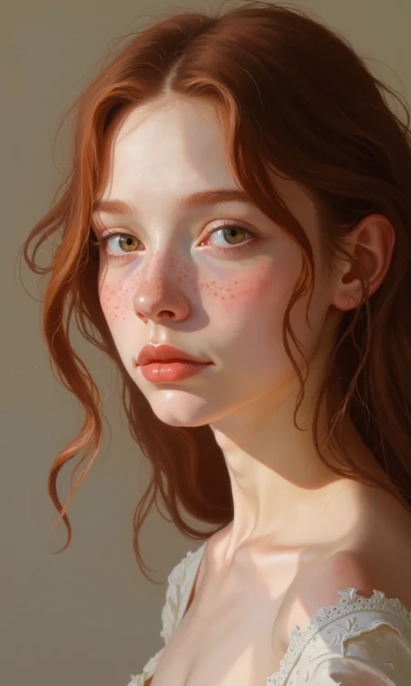 Close-up portrait of a young woman with long, wavy, reddish-brown hair. 
The woman's gaze is directed slightly to her right, and her expression is neutral, almost contemplative. Her skin appears smooth and fair, with subtle variations in light and shadow highlighting the contours of her face and neck. 
The reddish-brown hair falls in loose, cascading waves, framing the sides of her face.  The lighting is soft, creating a gentle glow and casting a subtle shadow on the neck and parts of her face. The background is a muted, light taupe or beige color, which serves to emphasize the subject. The focus is primarily on the woman's face and upper body, with the background softly out of focus. The texture of the skin, especially around the collarbone and throat, is clearly visible, emphasizing the delicate nature of the subject's appearance.
<lora:FLUX-daubrez-DB4RZ-v2:1> DB4RZ, DB4RZ style painting