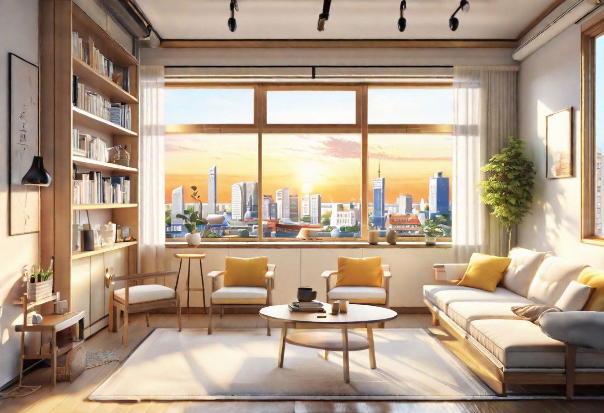 front view, anime-style, modern-style interior, with white walls and large windows, Nordic-style furniture, a  study, Sofa, coffee table, bookcase, single wall, 
warm light morning sun, (the view of the city)