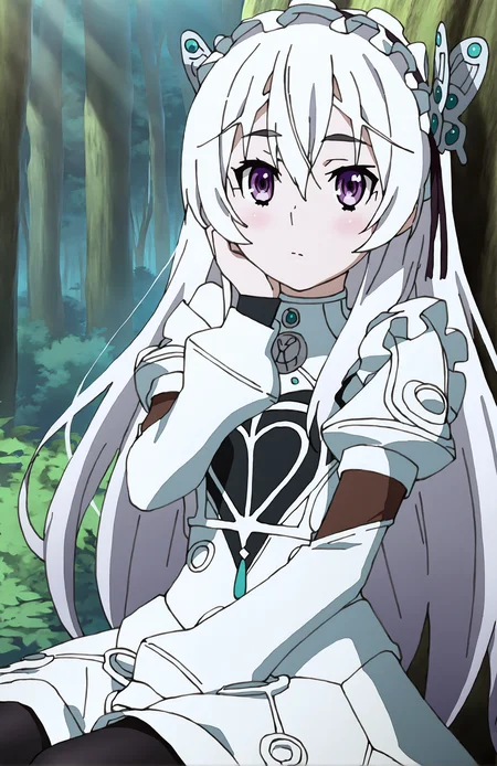 ChaikaTrabant, 1girl, solo, white hair, long hair, purple eyes, butterfly hair ornament, hair ribbon, lolita_hairband, white dress, brooch, puffy sleeves, long sleeves, sitting, black pantyhose, portrait, forest, hand on cheek