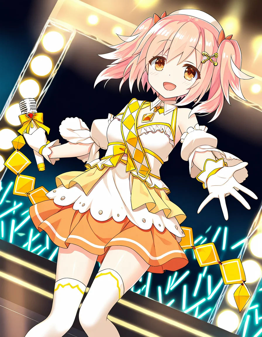 masterpiece, best quality, newest, absurdres, highres, safe, 1girl, fumino sayuki, magia record: mahou shoujo madoka magica gaiden, solo, holding microphone, smile, stage, glowstick, dutch angle, <lora:fumino_sayuki_noobaiXLNAIXL_vPred10Version:0.7>