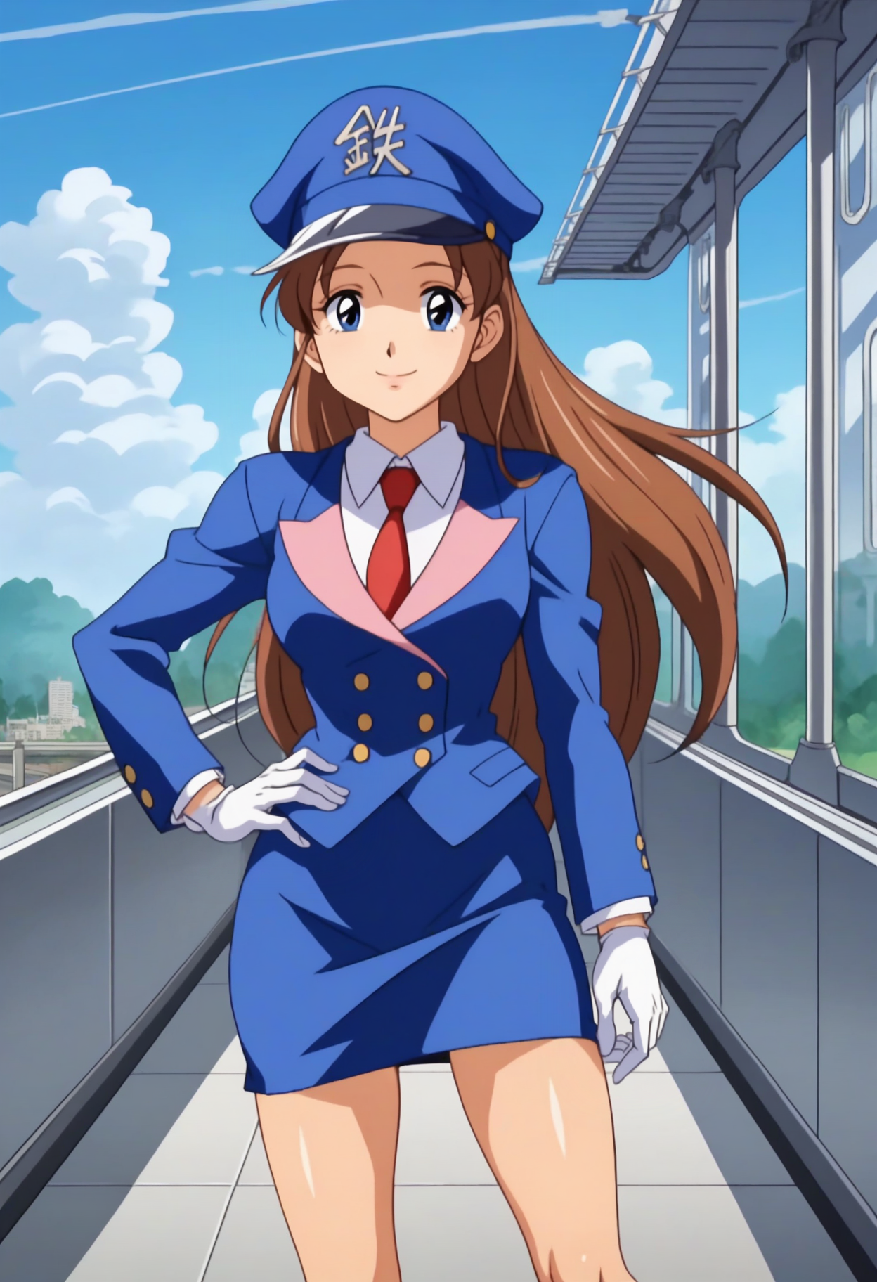 score_9, score_8_up, score_7_up, score_6_up, anime screencap, anime coloring, <lora:Tetsuchan-04:0.7>, Tetsuchan, brown hair, long hair, blue eyes, 
pencil skirt, uniform, peaked cap, necktie, white gloves, upper body, 
standing, looking at viewer, smile, looking at viewer, hand on own hip, legs apart, 
BREAK blue sky, sunlight, train station, cityscape, train, outdoors,