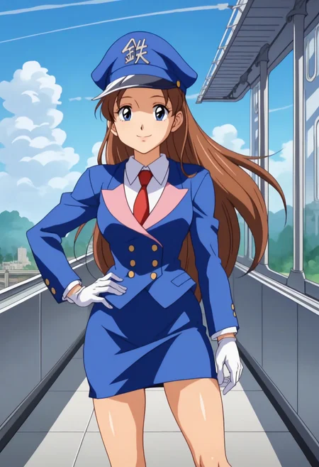 score_9, score_8_up, score_7_up, score_6_up, anime screencap, anime coloring, <lora:Tetsuchan-04:0.7>, Tetsuchan, brown hair, long hair, blue eyes, 
pencil skirt, uniform, peaked cap, necktie, white gloves, upper body, 
standing, looking at viewer, smile, looking at viewer, hand on own hip, legs apart, 
BREAK blue sky, sunlight, train station, cityscape, train, outdoors,