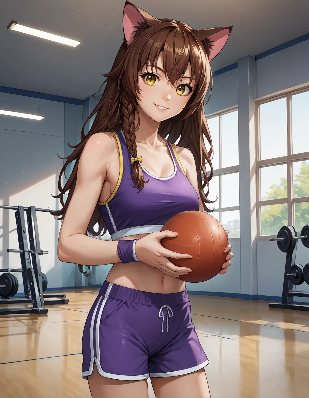 score_9, score_8_up, source_anime, 1girl, upper body, medium shot, detailed, blyulia, brown hair, side braid, cat ears, yellow eyes, yellow hairpin, purple sport top, sport shorts, holding ball, indoors, gym, wrist guards, light smile, <lora:blyulia_XL:0.85>