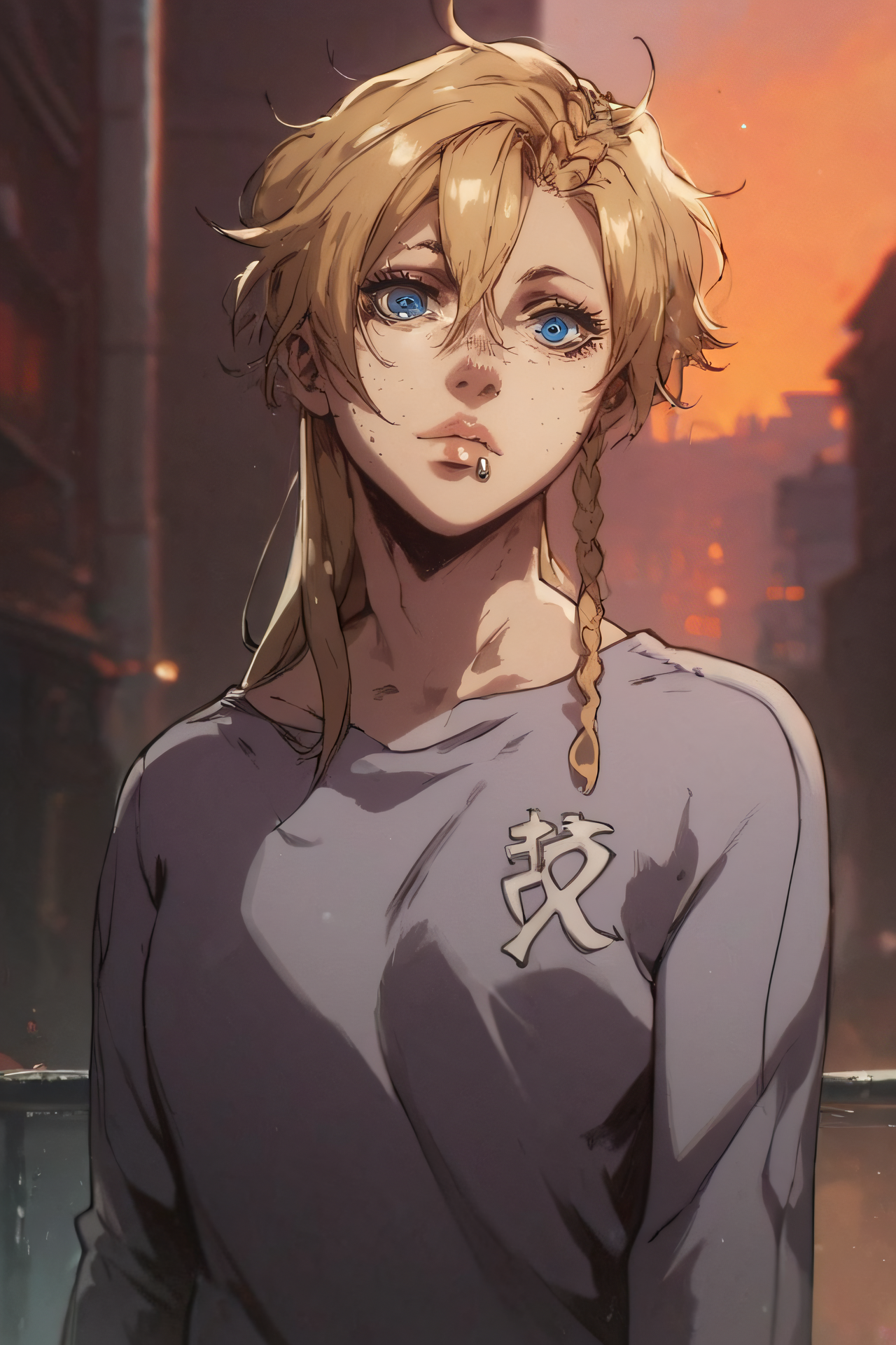 score_9,score_8_up,score_7_up, looking at viewer,
mary, 1girl, solo, long hair, blue eyes, blonde hair, braid, side lip piercing, freckles,
grey shirt, grey shirt, long sleeves,
outdoors, city,  
<lora:sinfully_stylish_SDKL:0.8> <lora:Expressive_H:0.5> <lora:1dkXLP:0.5> <lora:Mary_Steinberg-11:1>