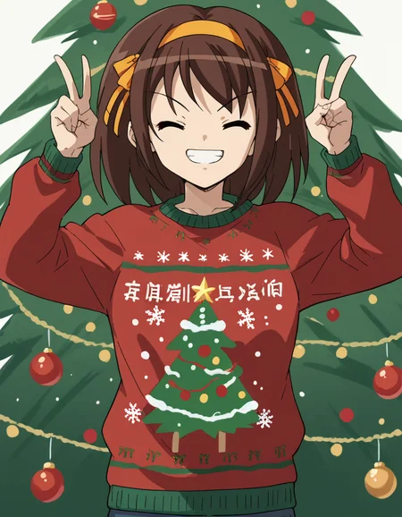 score_9, score_8_up, score_7_up, source_anime, <lora:haruhi-suzumiya-s1-ponyxl-lora-nochekaiser:1>, haruhi suzumiya, short hair, brown hair, hairband, medium hair, ribbon, hair ribbon,, <lora:christmas-sweater-ponyxl-lora-nochekaiser:1>, christmas sweater, christmas, ugly sweater, print sweater, red sweater, christmas tree, christmas ornaments, sweater, multicolored sweater, , v, smile, hands up, teeth, closed eyes, cowboy shot,