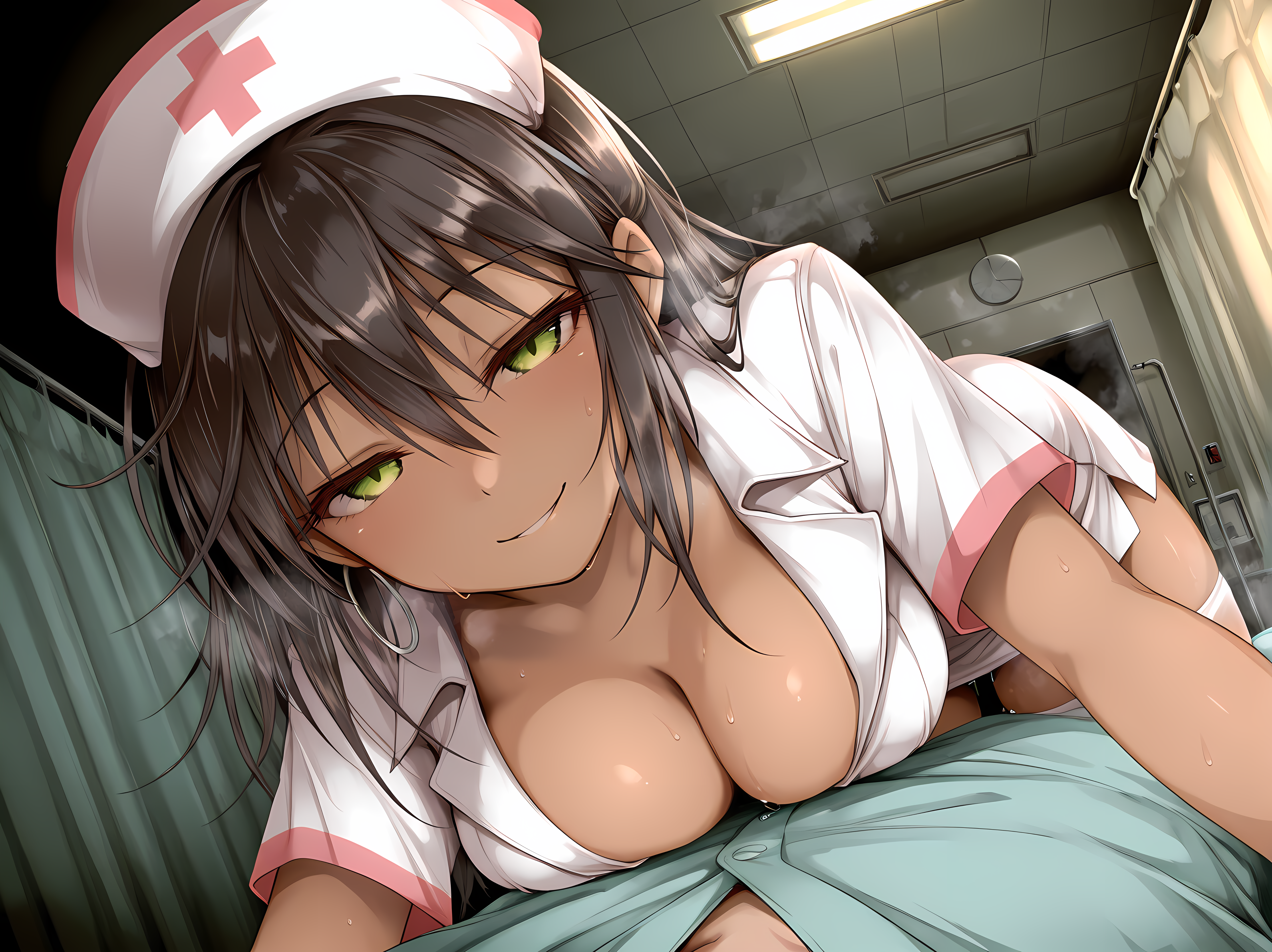 1girl,airi,nurse,nurse cap,hospital,73tunnel,<lora:Airi_Illustrious:0.8>,dutch angle,steaming body,heavy breathing,seductive smile,indoors,, masterpiece, best quality, amazing quality, very aesthetic, absurd, newest, detailed eyes