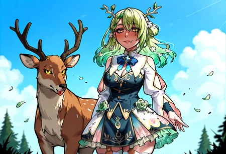 IllustriousQual, <lora:StS-Illustrious-Detail-Slider-v1.0:2> <lora:cfg_scale_boost:0.3> <lora:StS_Age_Slider_Illustrious_v1:3>,detailed_background,outdoors,1girl,puffy sleeves,bowtie,virtual youtuber,bow,smile,depth of field,insect,nemu \(ceres fauna\),whitney \(degrees of lewdity\),hair ornament,butterfly,white flower,sapling \(ceres fauna\),hair flower,black necktie,braid,closed mouth,sky,horns,short ponytail,highres,jewelry,rose,deer,absurdres,tree horns,outdoors,flower,earrings,tree,blue bowtie,half updo,shirt,collared shirt,yellow eyes,tongue piercing,dress flower,gold trim,skirt,juliet sleeves,hololive english,white dress,cloud,green eyes,hololive,petals,shoulder cutout,chain,vyragami,ceres fauna \(1st costume\),white thighhighs,skirt under dress,breasts,thighhighs,solo,white shirt,blue bow,braided bangs,bug,long sleeves,male focus,wind,cloudy sky,one side up,1boy,long hair,eyebrow piercing,jubctybn,blonde hair,green hair,necktie,looking at viewer,whitney \(male\) \(degrees of lewdity\),clothing cutout,frilled skirt