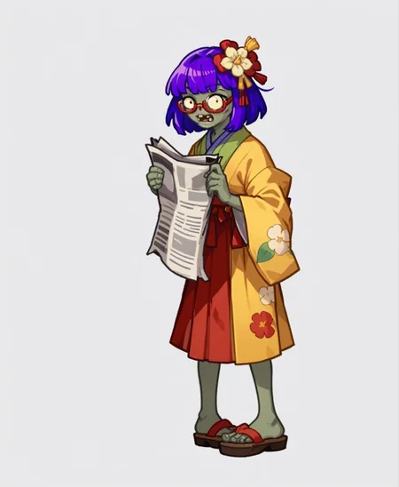 score_9, score_8_up, score_7_up, score_6_up,solo,solo focus,full body,
<lora:[Pony]PVZZ-20240629-1428:1>pvzz,zombie, holding newspaper,
<lora:akyuu.pony:.9> akyuu,purple hair, yellow kimono,red_skirt,  hair flower,
.white background,cartoon ,glasses