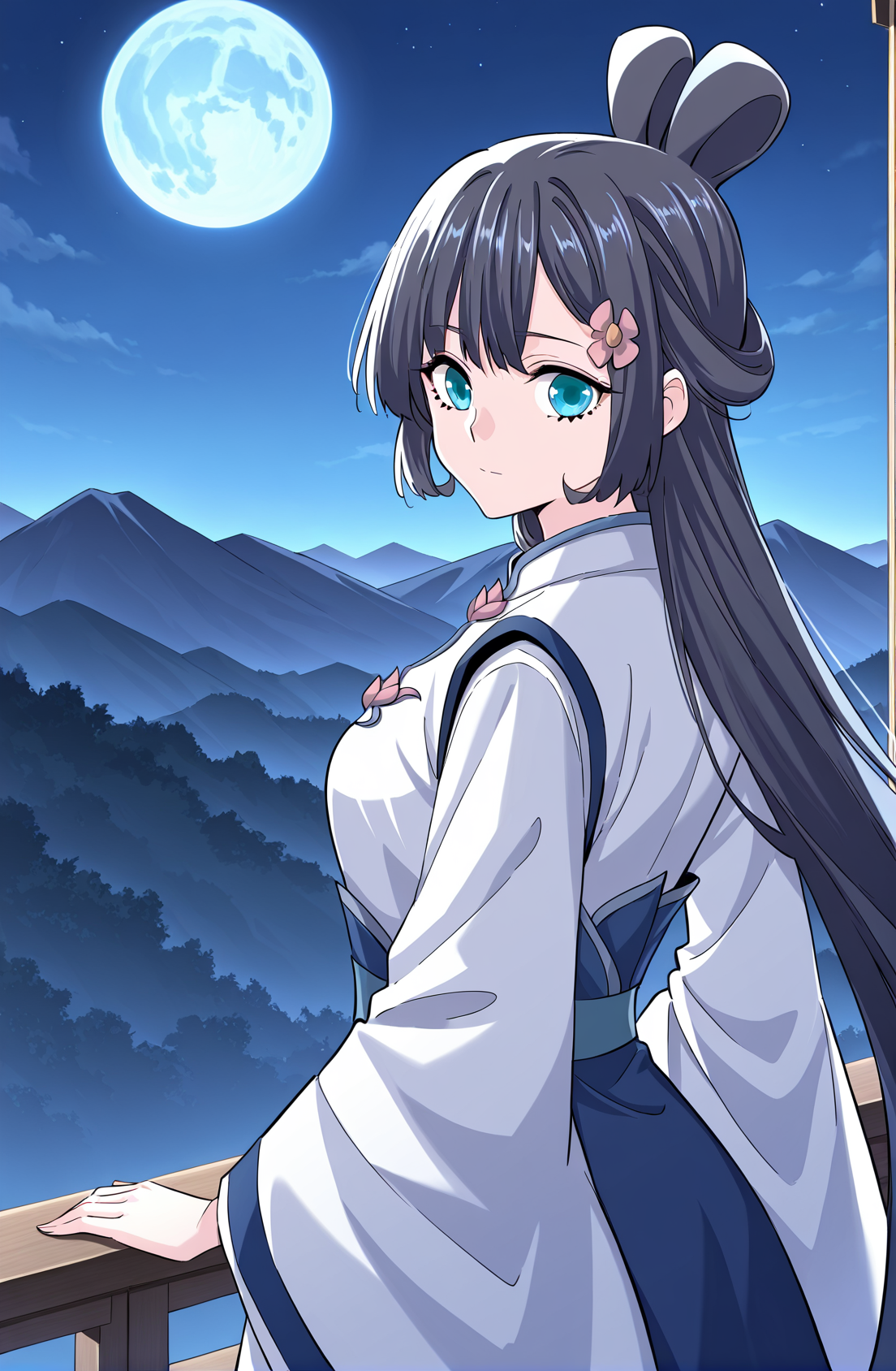 <lora:Yun_Shuang__Demon_Emperor__Illustrious:1>
1 girl, solo, long dark hair, blue eyes, side bangs, hair flower ornament, twin loop bun, 
white and blue hanfu, lotus pattern dress, floral brooch, wide sleeves, high collar, elegant outfit, 
score_9, score_8_up, score_7_up, source anime, BREAK, cowboy shot, (from side), looking back, looking at viewer, overlooking mountain, high altitude, scenery, exterior, background, night, blue moon
