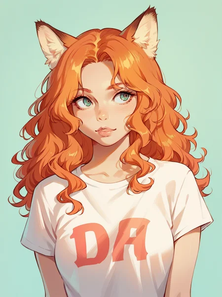 score_9, score_8_up, score_7_up, score_6_up, 1girl, curvy, t-shirt, <lora:1ly4XLP:1> 1ly4, ginger hair, fox ears, long hair, wavy hair,