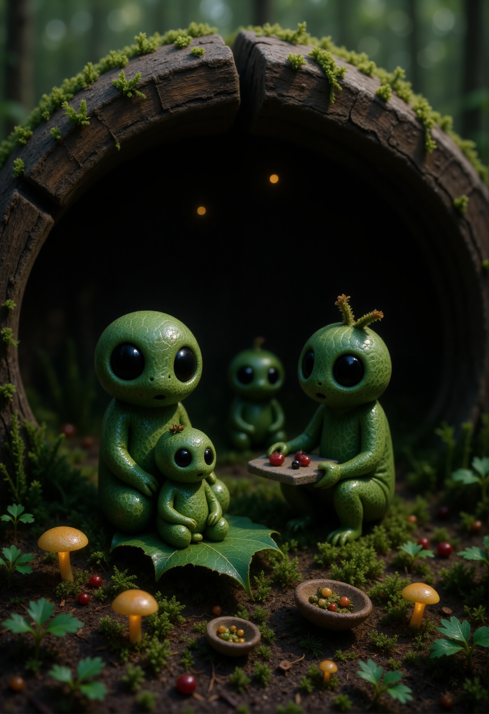 In a quiet corner of the forest, inside the wide base of a fallen log, a tiny Kodama family shares a peaceful moment together. The smallest Kodama sits on a curled leaf, cradled in the lap of a parent who gently polishes its round head with a strip of soft moss. Another adult Kodama crouches nearby, carefully arranging a dinner of crushed berries and seeds on a smooth stone platter, their large dark eyes focused with care. A sibling Kodama peers through a crack in the log wall, watching fireflies drift through the towering grass outside. Around them, acorn shells serve as bowls, curled bark forms a low table, and glowing mushrooms light the interior with a soft amber glow. Everything in their world is oversizedâeach leaf a roof, each twig a beamâemphasizing their small, hidden life full of quiet care and gentle connection. <lora:Kodama_V1:1>