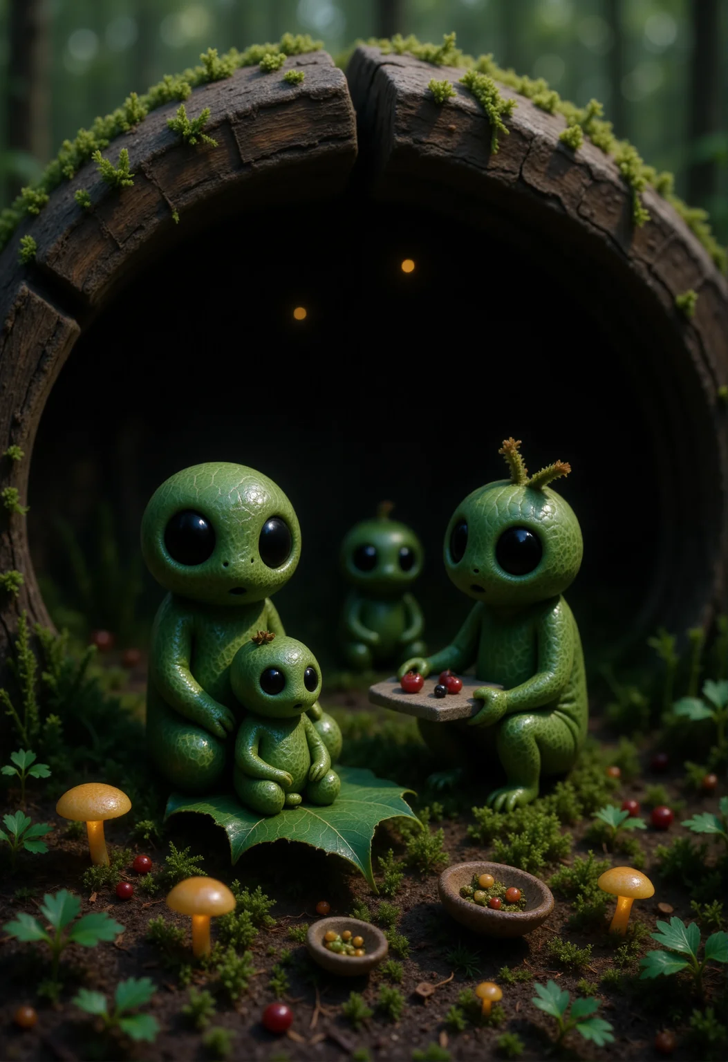 In a quiet corner of the forest, inside the wide base of a fallen log, a tiny Kodama family shares a peaceful moment together. The smallest Kodama sits on a curled leaf, cradled in the lap of a parent who gently polishes its round head with a strip of soft moss. Another adult Kodama crouches nearby, carefully arranging a dinner of crushed berries and seeds on a smooth stone platter, their large dark eyes focused with care. A sibling Kodama peers through a crack in the log wall, watching fireflies drift through the towering grass outside. Around them, acorn shells serve as bowls, curled bark forms a low table, and glowing mushrooms light the interior with a soft amber glow. Everything in their world is oversized—each leaf a roof, each twig a beam—emphasizing their small, hidden life full of quiet care and gentle connection. <lora:Kodama_V1:1>