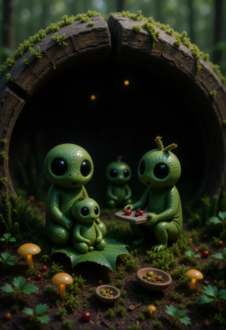 In a quiet corner of the forest, inside the wide base of a fallen log, a tiny Kodama family shares a peaceful moment together. The smallest Kodama sits on a curled leaf, cradled in the lap of a parent who gently polishes its round head with a strip of soft moss. Another adult Kodama crouches nearby, carefully arranging a dinner of crushed berries and seeds on a smooth stone platter, their large dark eyes focused with care. A sibling Kodama peers through a crack in the log wall, watching fireflies drift through the towering grass outside. Around them, acorn shells serve as bowls, curled bark forms a low table, and glowing mushrooms light the interior with a soft amber glow. Everything in their world is oversizedâeach leaf a roof, each twig a beamâemphasizing their small, hidden life full of quiet care and gentle connection. <lora:Kodama_V1:1>