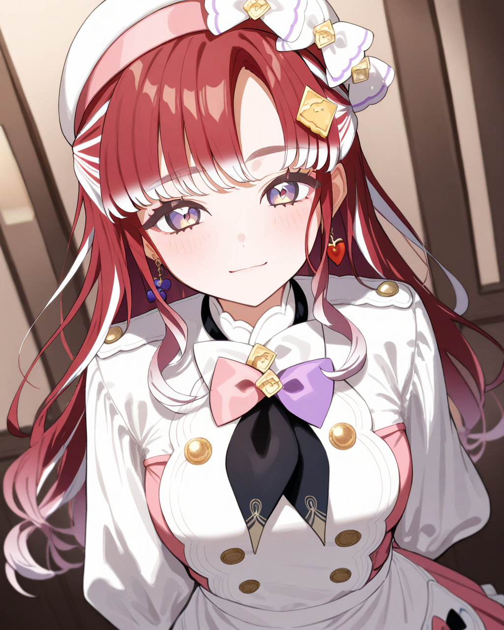 1girl,
SaotomeBerryNijisanji,
safe, solo, dutch angle, upper body,
light smile,
white headwear,
hat bows,
earrings,
hair ornament,
white jacket, black neckerchief,bowtie,
double-breasted, large breasts,
pink dress, frilled dress,
puffy sleeves, gloves,
white apron,
depth of field,
<lora:kp_SaotomeBerryNijisanji1stCostumeAnimagineXL_v1_1:1.0>,
masterpiece, high score, great score, absurdres