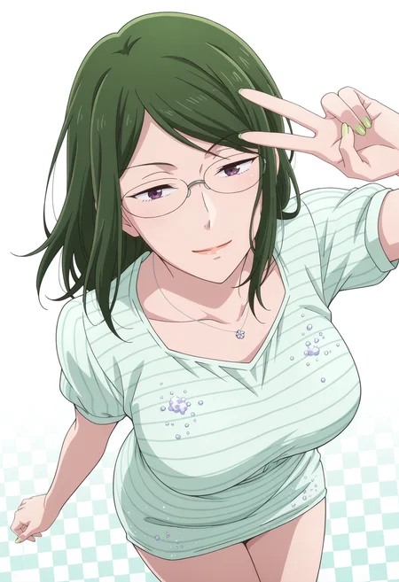 anime screencap, anime coloring, 1girl, solo, (mature female:1.2), <lora:DX888Hanako:1> koyanagi hanako, purple eyes, green hair, medium hair,
glasses, hair down green dress, glitter dress, microdress pinafore dress, striped dress, BREAK white background, checkered background, (simple background:1.2) BREAK (dynamic pose:1.2), ontrapposto, from above, v,