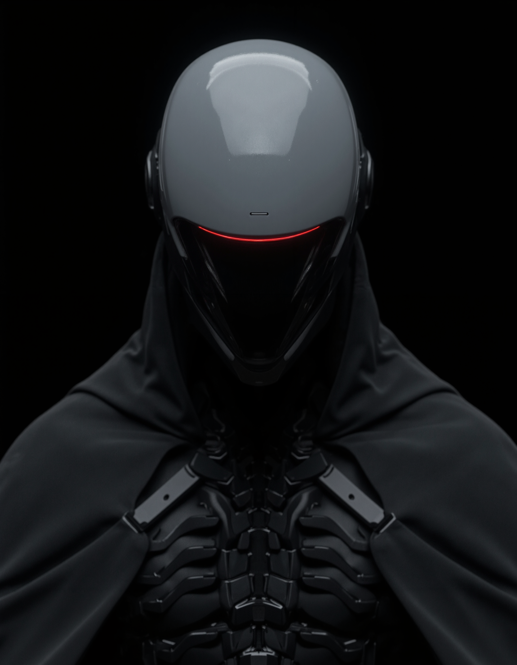 cinematic film still CYBER_CORE_UT 
sharp photo of a close-up of a futuristic-looking helmet with a unique design. The helmet is white with a black visor that covers the entire face. The visor has a red line running across it, creating a striking contrast against the white helmet. The front of the helmet is covered in a gray cape that is draped over the back of the person's body. The cape has multiple rows of black metal panels that are attached to the sides of the cape. The panels are arranged in a symmetrical pattern, with the top panel being the largest and the bottom panels being the smallest. The background is completely black, making the helmet and cape stand out. The overall mood of the image is dark and mysterious.
<lora:CYBER_CORE_UT:0.75> . shallow depth of field, vignette, highly detailed, high budget, bokeh, cinemascope, moody, epic, gorgeous, film grain, grainy