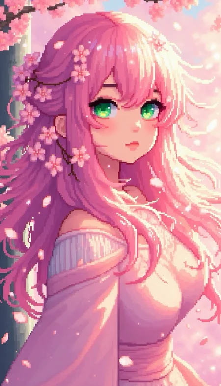 pinkpixelicious,
a woman with cherry blossoms woven into her flowing pink hair. Her emerald-green eyes reflect the soft light of a spring morning, and delicate petals float around her in the breeze.