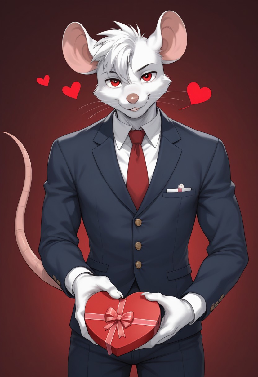 anthropomorphic male mouse holding red heart shape box, presenting to viewer