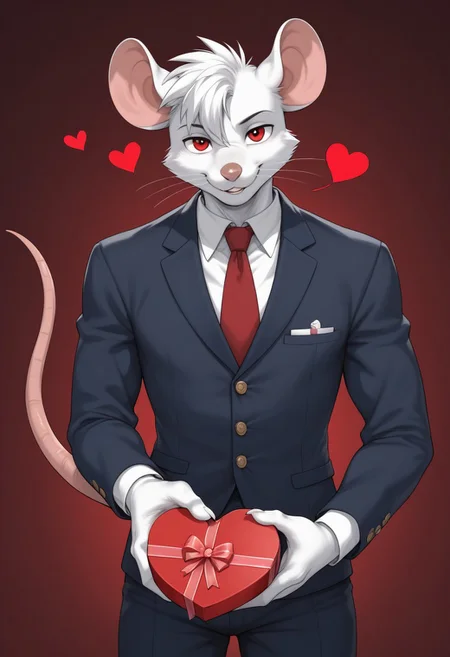 anthropomorphic male mouse holding red heart shape box, presenting to viewer