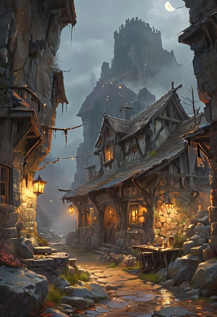 In a desolate landscape under a stormy sky, a medieval fantasy tavern spans a chasm filled with jagged rocks. The full moon casts a pale, eerie light over the scene, creating stark contrasts between the deep shadows and the occasional eerie light from a distant lightning flash. The moonlight reveals the dead plants scattered across the ground, their twisted forms stark against the rough terrain, enhancing the sense of hopelessness. The overall atmosphere is ominous, with every element contributing to a haunting stillness and a sense of despair and foreboding.[romantic impressionism,dream scenery art,beautiful oil matte painting,romantic,style of thomas kinkade,beautiful digital painting,anime landscape,romantic painting,dreamlike digital painting,colorful painting,beautiful gorgeous digital art,style of greg rutkowski,janek sedlar,jenny saville:0]