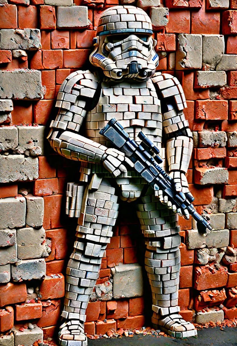 Full body shot of Storm Trooper embedded in an ais-brickz wall<lora:Bricks_Style_SDXL:1>