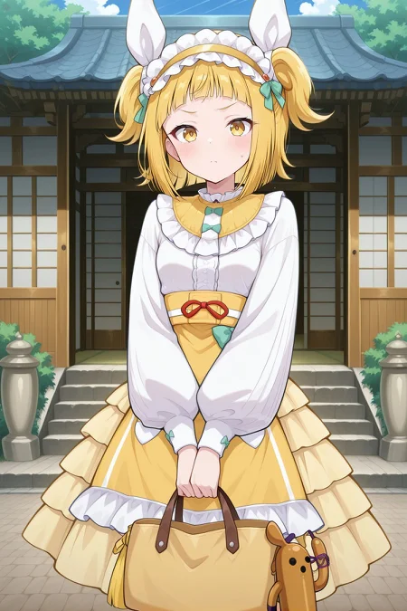 absurdres, highres, masterpiece, best quality, amazing quality, official anime artwork, screencap, anime screencap, outdoors, looking at viewer, 
<lora:Mayumi-Joutouguu_Illustrious:1> joutouguu mayumi, 1girl, solo, yellow eyes, blonde hair, twintails, small breasts,, joutouguu mayumi \(haniwa's been good all year\), alternate costume, white ribbon, frilled hairband, yellow hairband, white shirt, long sleeves, frilled shirt collar, mary janes, waist apron, yellow apron, green bow, yellow skirt, frilled skirt, white socks, yellow shoes, holding bag,