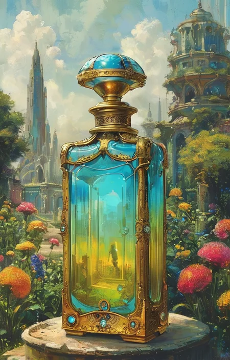 masterpiece,best quality,<lora:tbh324-sdxl:0.9>,illustration,style of Afrofuturism, A bottle of perfume in garden