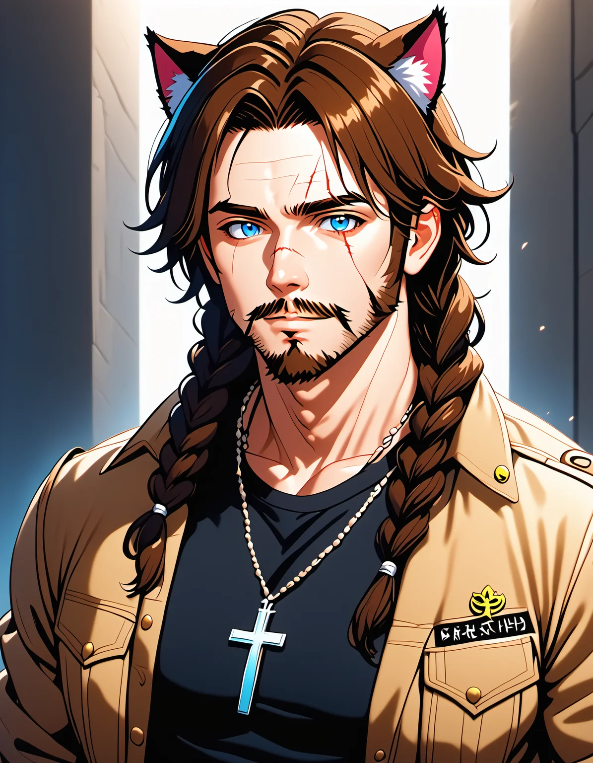 PonyXLV6_Scores , 25d Style, solo, long hair, looking at viewer, blue eyes, brown hair, shirt, 1boy, animal ears, jewelry, jacket, upper body, braid, male focus, open clothes, cat ears, necklace, twin braids, open jacket, black shirt, muscular, facial hair, scar, thick eyebrows, cross, pectorals, muscular male, bara, hair over shoulder, beard, scar on face, large pectorals, mature male, mustache, scar across eye, cross necklace, scar on nose, beard, facial hair, 1boy, solo, male focus, mature male, animal ears, bara, muscular, blue eyes, <lora:25DPDXL:1>