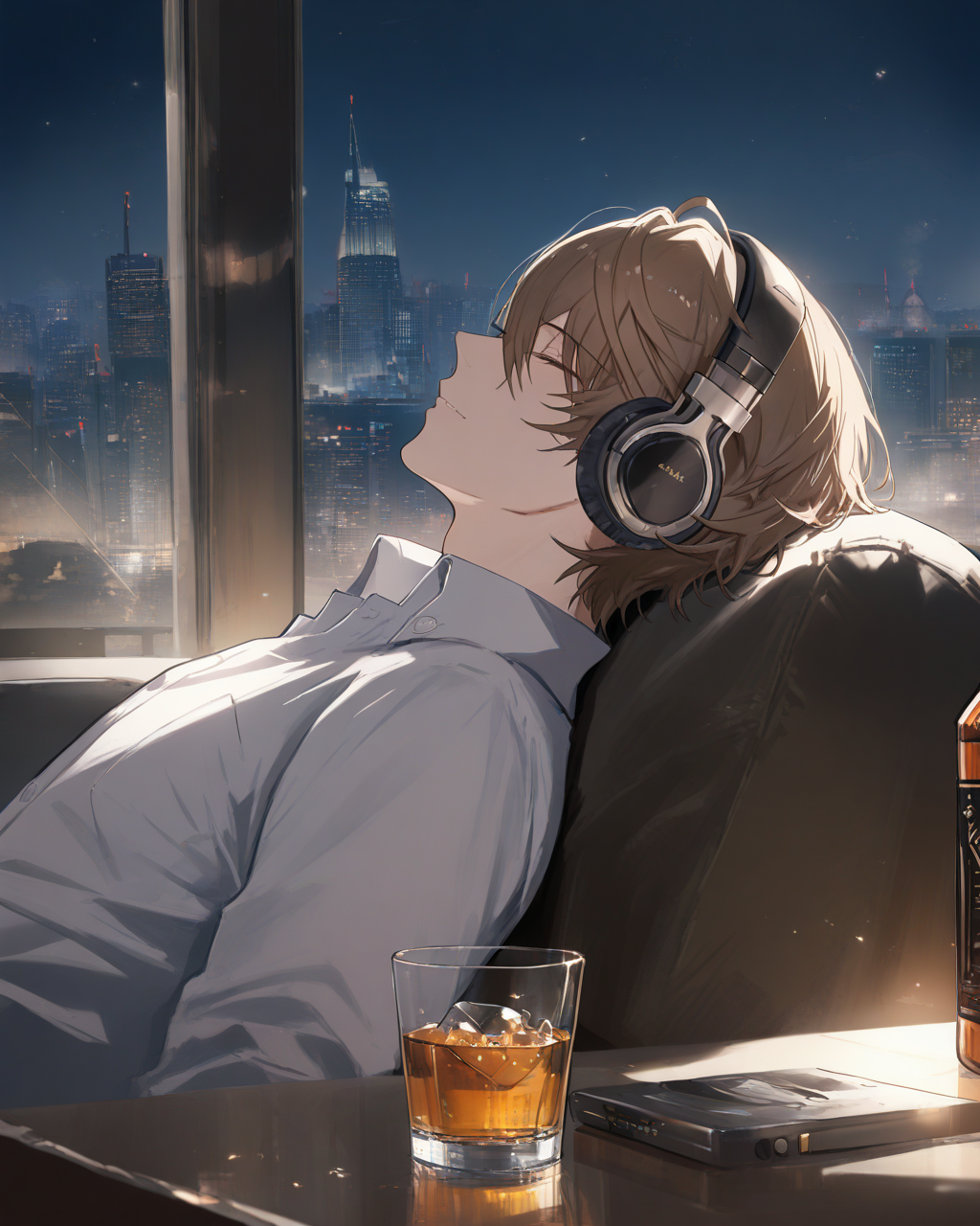 1boy, KagamiHayatoNijisanji, 
safe, male focus, upper body, 
nose,
relaxed, leaning back,
listening to music, headphones,
collared shirt,
night, living room, table, whiskey, soffa,
<lora:kp_KagamiHayatoNijisanjiAnimagineXL_v1_1:1.0>,
masterpiece, high score, great score, absurdres