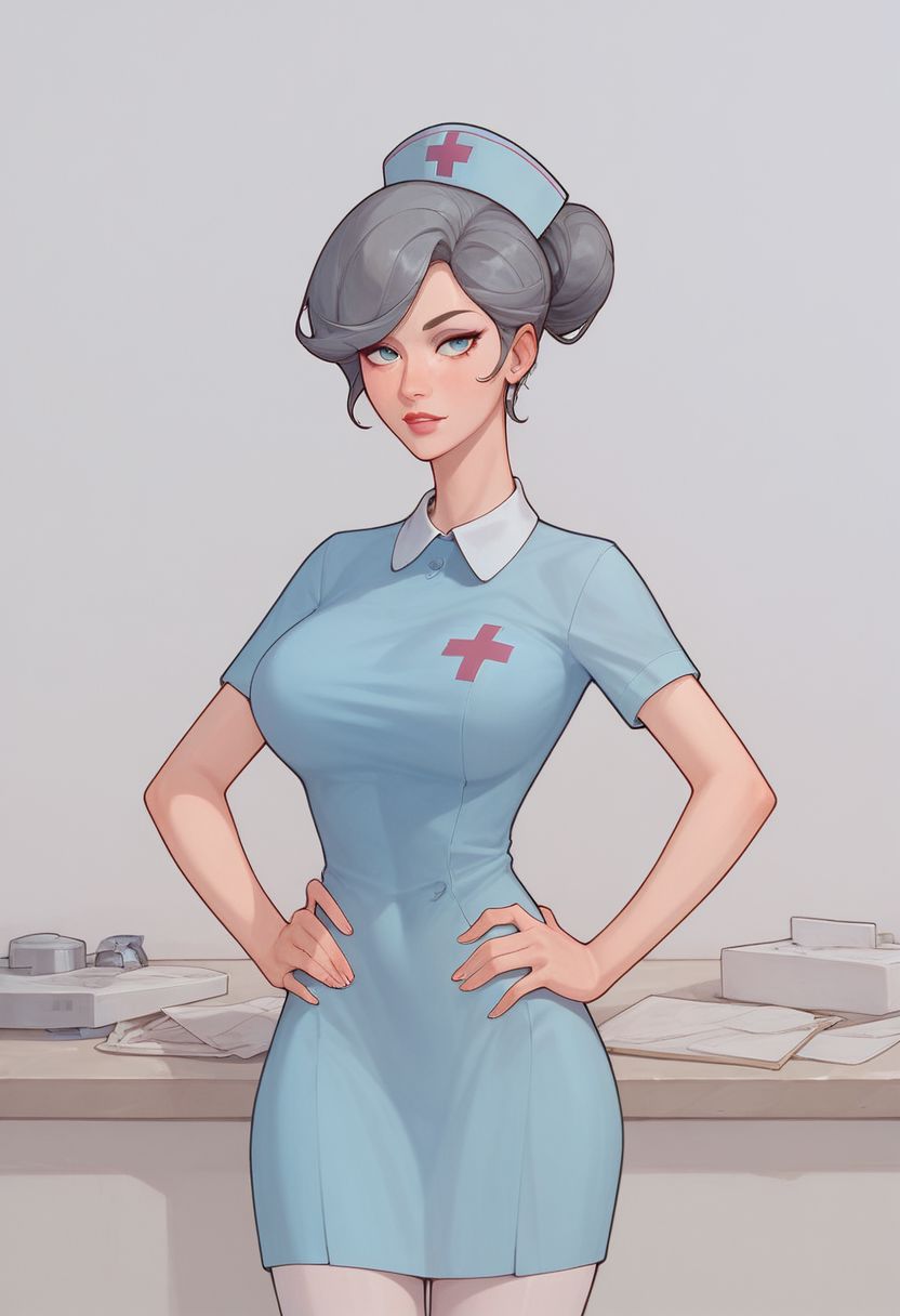 Score_9_up, score_8_up, score_7_up, 1girl, marysn, solo, nurse, nurse cap, grey hair, big boobs, hands on hip, Expressiveh