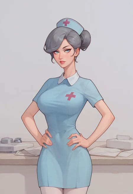Score_9_up, score_8_up, score_7_up, 1girl, marysn, solo, nurse, nurse cap, grey hair, big boobs, hands on hip, Expressiveh