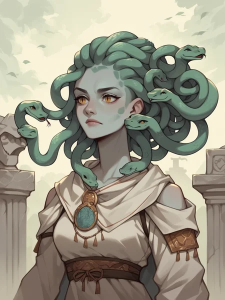 score_9, score_8_up, score_7_up, score_6_up, score_5_up, score_4_up,  <lora:sn4k3h41rXLP:0.7> 1girl, sn4k3h41r, snake hair, cowboy shot, stone statue,