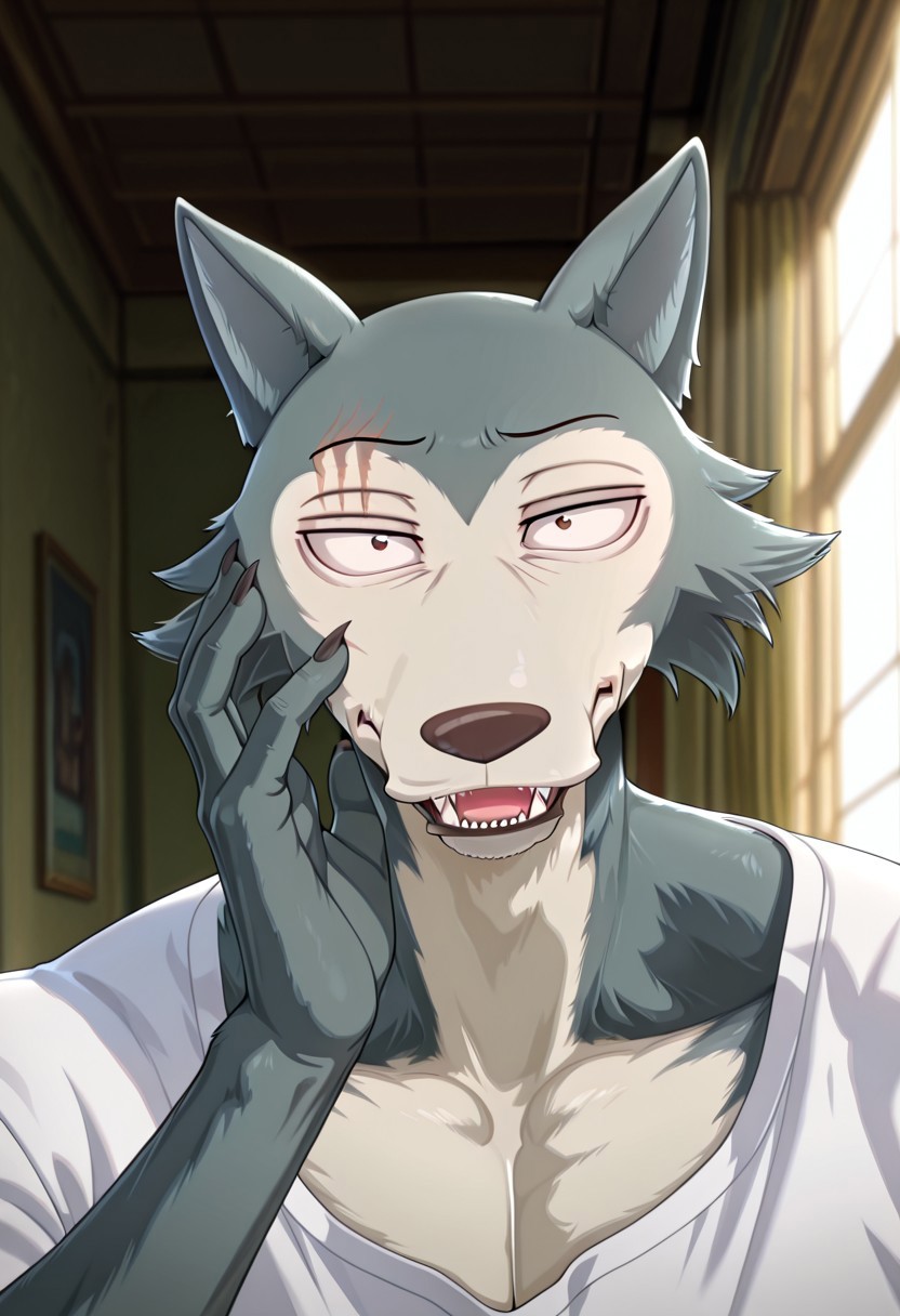 masterpiece, best quality, amazing quality, 
Legoshi, anthro, wolf, beastars, scar on right brow, mature male, animal ears, grayish blue fur, brown eyes, smug expression, upper eyelid half closed, smug, sharp teeths, sharp fangs, 
blurry background, volumetric lighting, smug grin, open eyes, 1boy, solo, male focus, mature male, looking at viewer,  simple background, evil grin, head focus, portrait, detailed head, broad shoulders, muscle chest, white shirt, smug head, a hand on his face