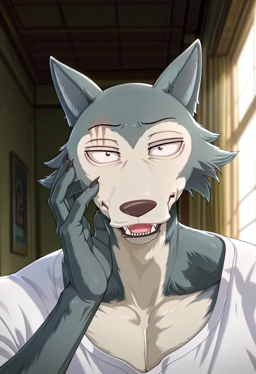 masterpiece, best quality, amazing quality,
Legoshi, anthro, wolf, beastars, scar on right brow, mature male, animal ears, grayish blue fur, brown eyes, smug expression, upper eyelid half closed, smug, sharp teeths, sharp fangs,
blurry background, volumetric lighting, smug grin, open eyes, 1boy, solo, male focus, mature male, looking at viewer, simple background, evil grin, head focus, portrait, detailed head, broad shoulders, muscle chest, white shirt, smug head, a hand on his face