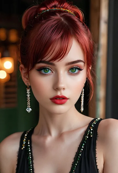 20 year old Turkish girl, pose 1:1, full view, green eyes, pale skin, puffy lips, makeup, eye contact, hairclip, light red hair, very short hair, hair up, double bun, hair flaps, asymmetrical bangs, long bangs, x hair ornament, dark red lips, red eyeshadow, mascara, eyeliner, stud earrings, piercing, blush, flat chest, epic action, Unreal Engine, cinematic award winning artwork, many details, extreme detailed, full of details,Wide range of colors., dramatic, Dynamic,Cinematic,Sharp details, Insane quality. Insane resolution. Insane details. Masterpiece. 32k resolution. casting shadow style, cucoloris patterned illumination, <lora:add-detail-xl:1>