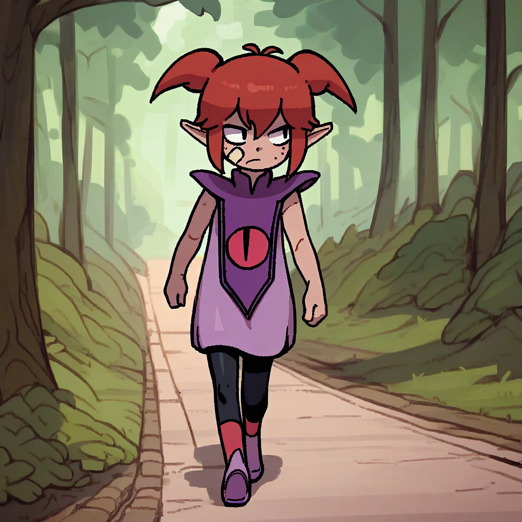 score_8, score_8_up, score_7_up, 1girl, female focus, solo,  oekaki, thick outlines, DQB_DT, red hair, antenna hair, short twintails, sidelocks, pointy ears, hair between eyes, freckles, bandaid on cheek, sleeveless dress, pink dress, purple capelet, black leggings, red socks, pointy shoes, purple footwear, full body, walking, outdoors, forest, grass, tree, path