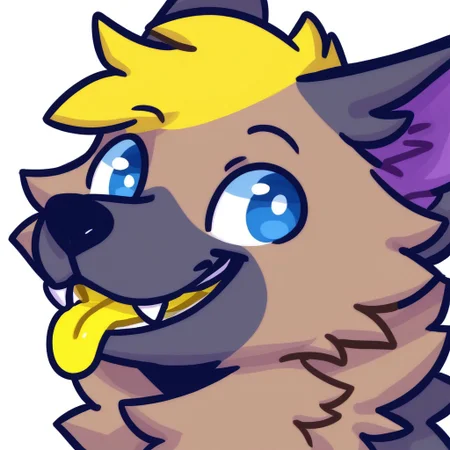 bullet-sona, blue eyes, yellow hair, fur, furry, fluffy neck fur, fur, white background, smile, yellow tongue, blep, purple ear inside, boring_e621_fluffyrock_v4