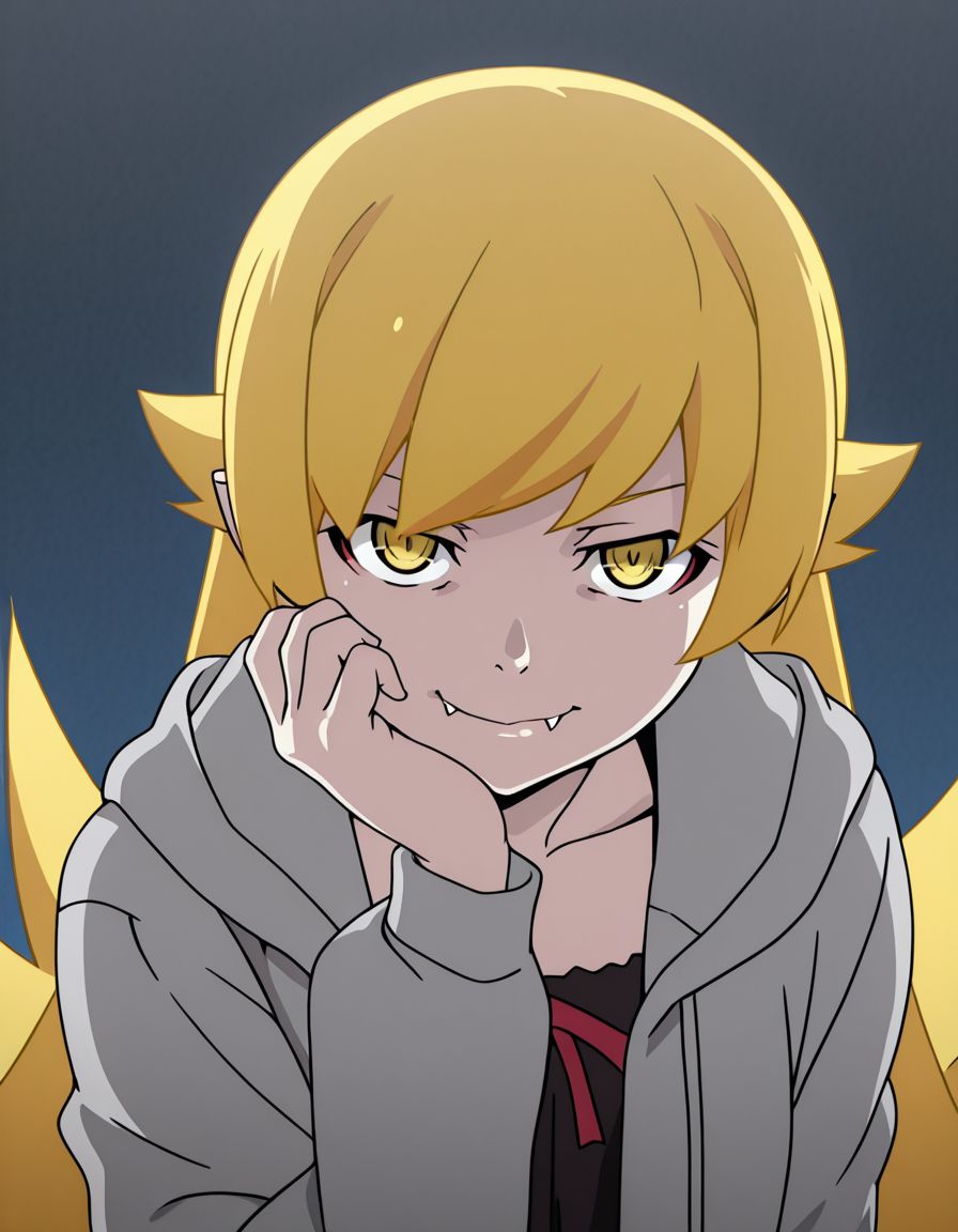 1girl, solo, masterpiece
,  oshino shinobu, aged up
, hoodie, hood down, open clothes
, hand up, fangs, vampire
, evil smile,  looking at viewer, closed mouth
, (anime screencap:0.5)
 <lora:monogatari_eva:1>