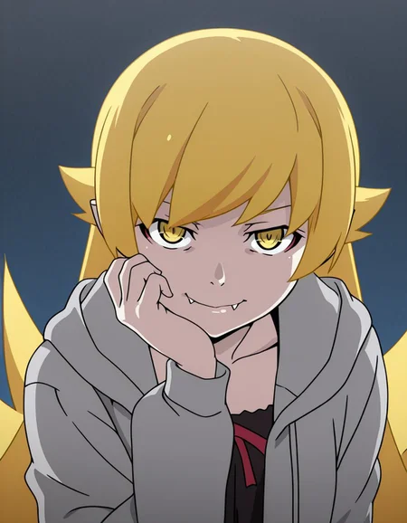1girl, solo, masterpiece
, oshino shinobu, aged up
, hoodie, hood down, open clothes
, hand up, fangs, vampire
, evil smile, looking at viewer, closed mouth
, (anime screencap:0.5)
<lora:monogatari_eva:1>