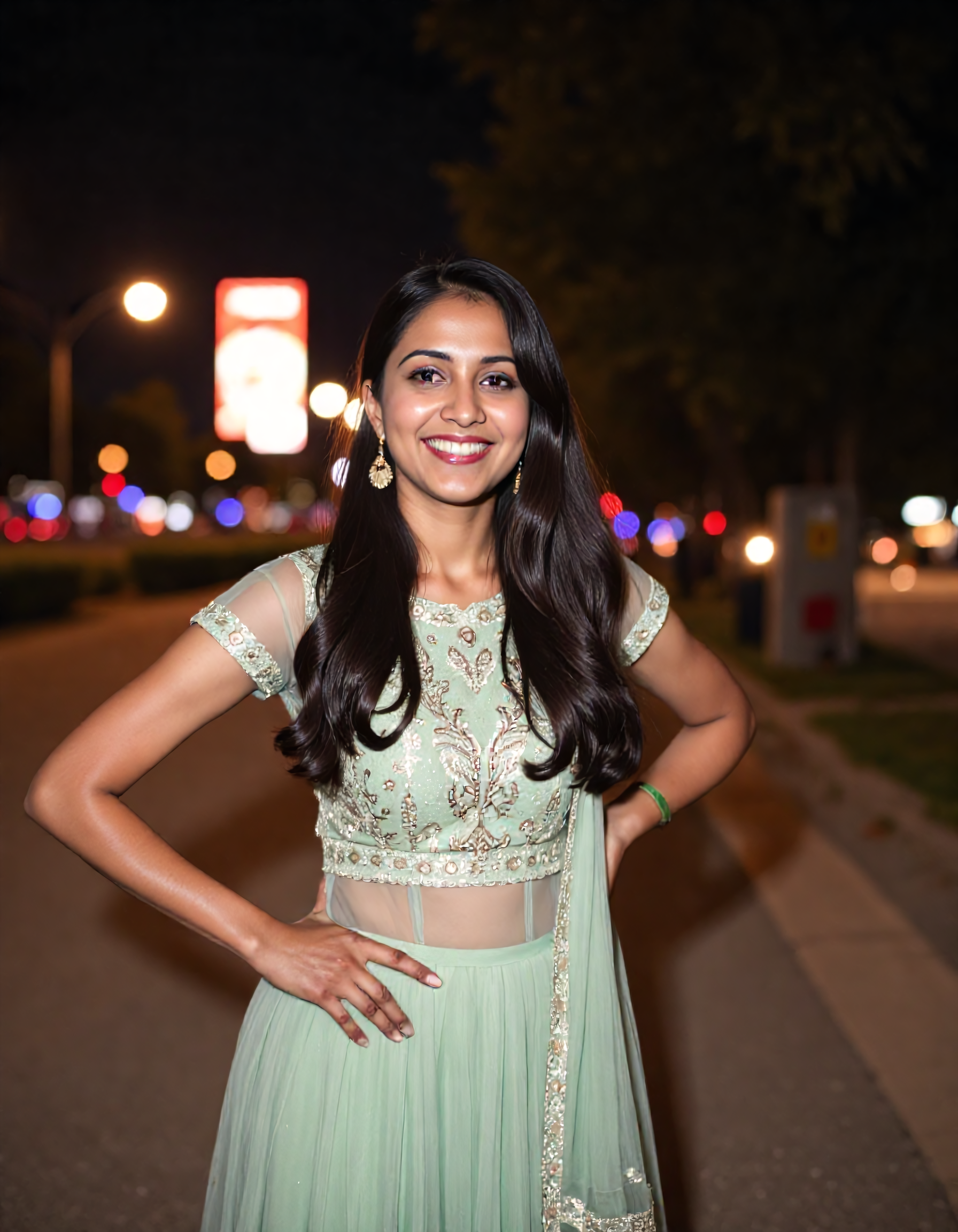night-time close_up photo of a well dressed desi_dark woman, wearing light-Sage colored Punjabi Suit, happy,solo focus, city light in background bokeh <lora:Desi_Coffee_Flux_Kohya_LoHa_v2:0.8>âââ