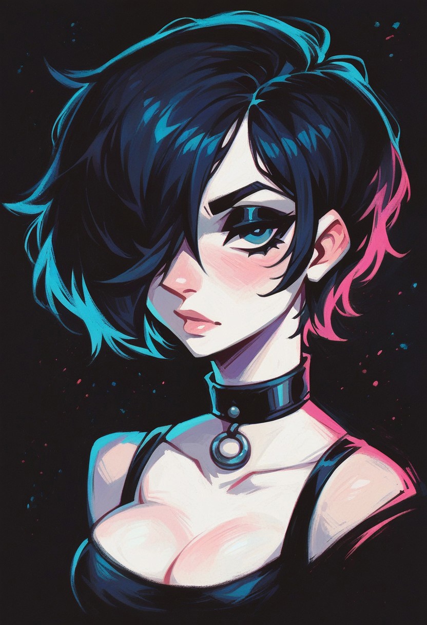 score_9, score_8_up, score_7_up,  pastels drawing, pale white skin:1.3, gothic, choker, medium breasts, black latex top, white skin, black hair, black background, adult, short hair, hair over eye, black eyeshadow