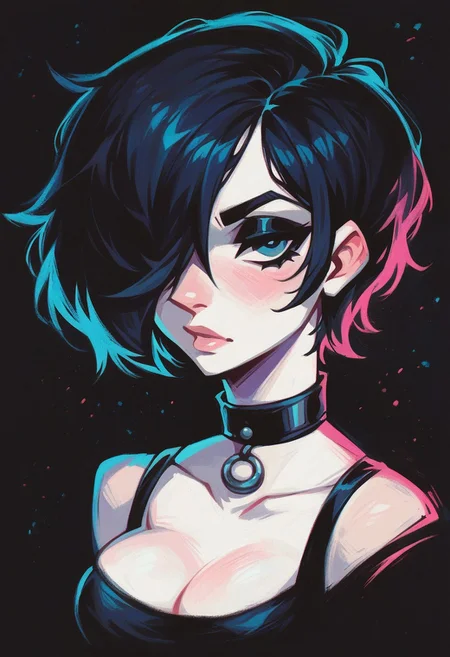 score_9, score_8_up, score_7_up, pastels drawing, pale white skin:1.3, gothic, choker, medium breasts, black latex top, white skin, black hair, black background, adult, short hair, hair over eye, black eyeshadow