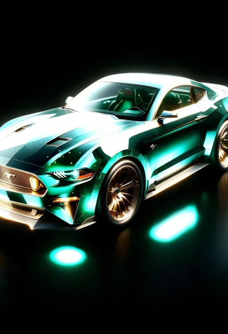 A futuristic car made entirely of transparent crystal that has hints of a 1966 Ford Mustang convertible. It is entirely made out of transparent glass crystal, ultra detailed, enhanced, prismatic colors, render, CRU, sharp, 8k, octane render, cinema 4d, blender, dark, atmospheric 4k ultra detailed, cinematic, Sharp focus, big depth of field, Masterpiece, colors, 3d octane render, 4k, concept art, hyperrealistic, Vivid colors, extremely detailed 8k wallpaper, Intricate, High Detail. Car has square LED headlights, a glowing LED Ford mustang emblem. LED running lights Car is in a futurist high tech dealer showroom on a circular platform that is lit from below. The car has several spotlights on it which only enhance the crystal. camera is looking down and sideways as the car. emeraldmorph