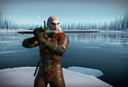 geralt as a (nutcracker), holding a sword, 
high guard sword parry stance,
at a frozen lake,
game screenshot,
looking at the camera,
sfw