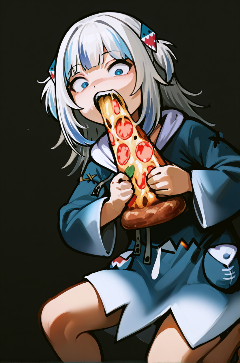 1girl, gawr gura \(1st costume\), hololive, sdhs, holding, holding food, holding pizza, pizza, eating, biting, black background, bare legs,  looking at viewer, hood down, feet out of frame, wide-eyed,   simple background, masterpiece, best quality, latest <lora:sdhs:1>